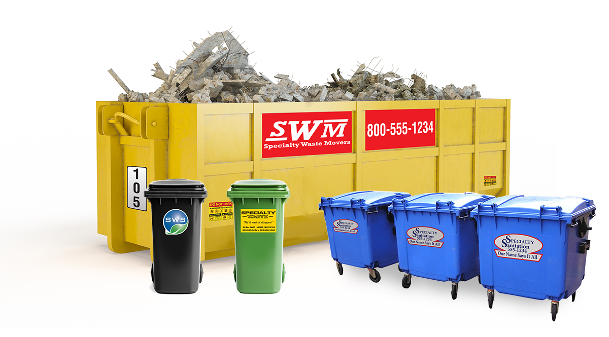 Dumpster decals including Company Identification labels on large dumpsters and toters and numbered labels to track the dumpster