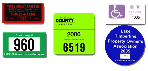 Grouping of examples of numbered labels including parking permits, numbered labels for equipment and hard hat labels